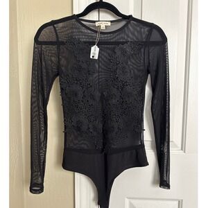 NWT Moa Moa Black Mesh Lace Applique Long Sleeve Bodysuit S